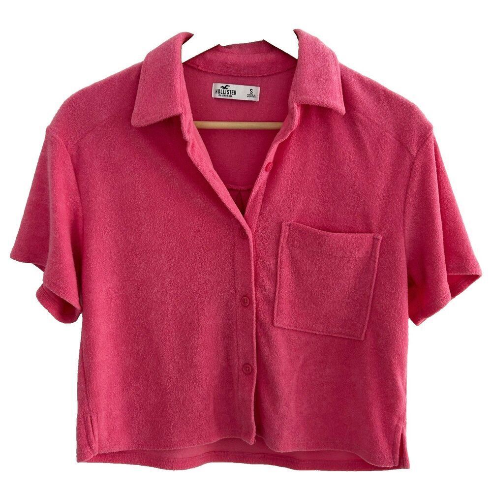 Hollister Resort Terry Cropped Button Down Shirt Top Size Small Pink Pocket - Picture 2 of 9